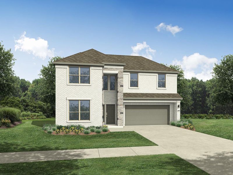 An inviting facade showcases a blend of brick and stone with an attached garage and well-maintained landscaping. An inviting facade showcases a blend of brick and stone with an attached garage and well-maintained landscaping.