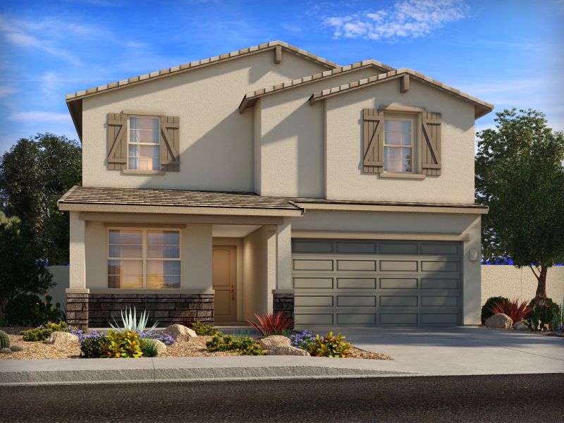 Representative exterior photo of a completed home built from the Emerald by Meritage Homes in Las Patrias at Star Valley Phase III - Premier Series, Tucson, AZ (Image 4). Representative exterior photo of a completed home built from the Emerald by Meritage Homes in Las Patrias at Star Valley Phase III - Premier Series, Tucson, AZ (Image 4).