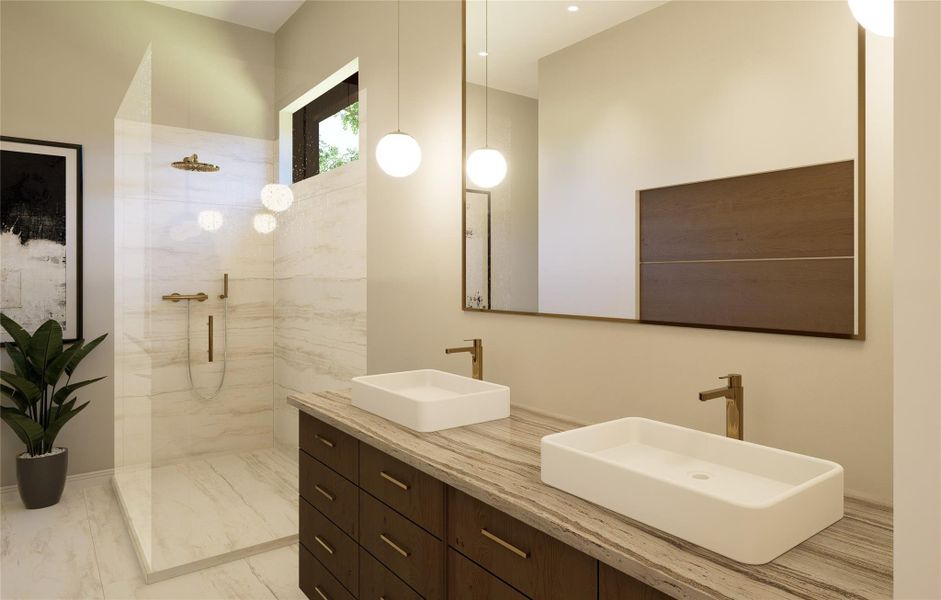 Spa-like bathroom with double sinks, marble finishes, and elegant modern lighting.