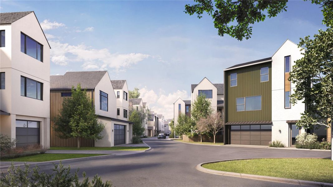 View of asphalt road with a residential view and curbs