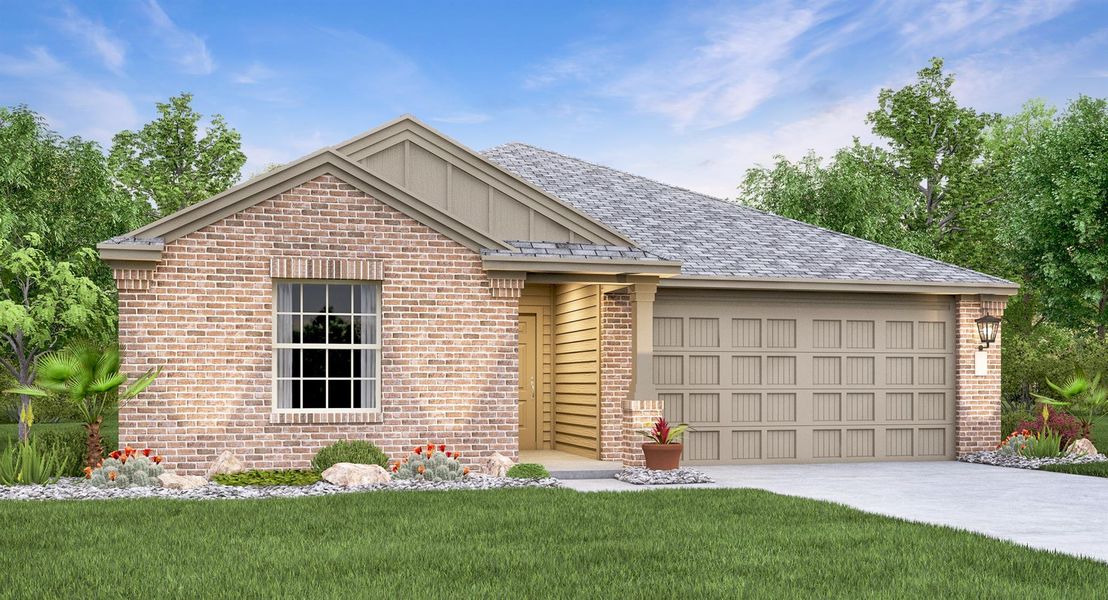 Front exterior of a new home in Meadowlark Preserve, Pflugerville, TX, highlighting curb appeal (Image 20).