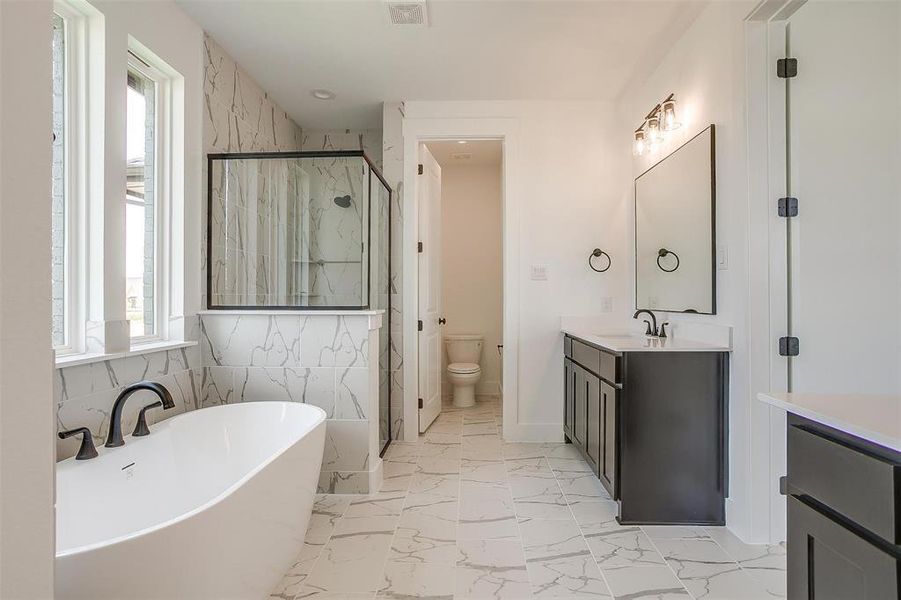 Full bathroom featuring vanity, toilet, tile walls, and separate shower and tub