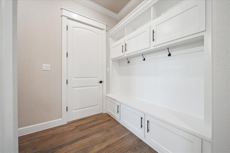 Mudroom with ornamental molding and dark hardwood / wood-style floors