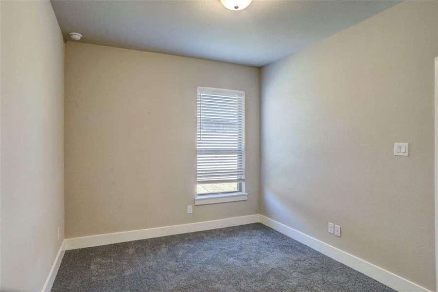 Spare room with dark carpet and baseboards Spare room with dark carpet and baseboards
