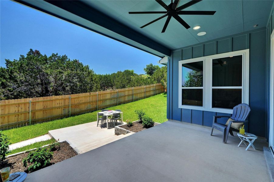 Covered patio featuring a ceiling fan and recessed lighting