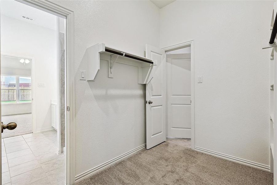 Spacious closet with light colored carpet