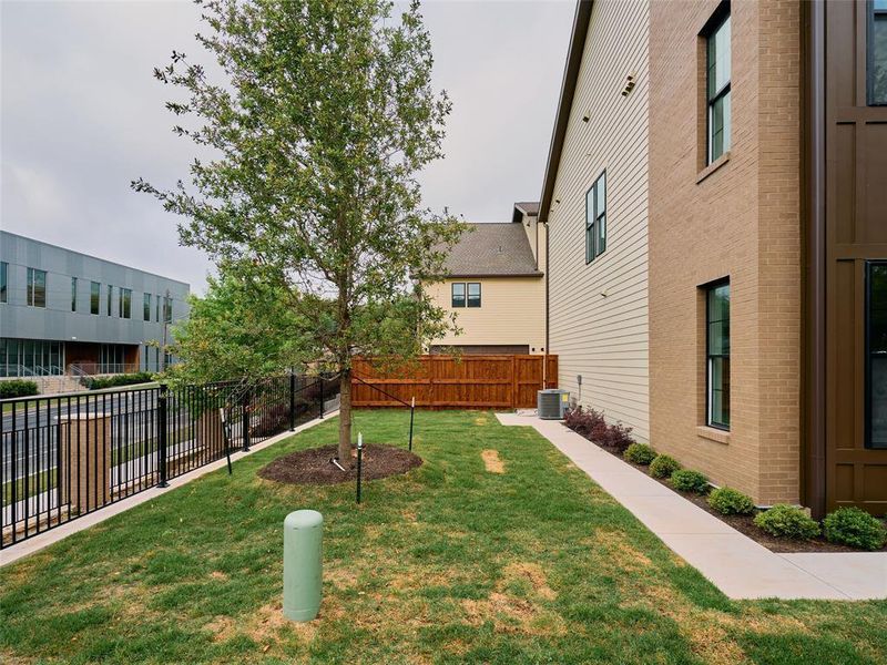 Expansive side yard featuring a manicured lawn and mature tree