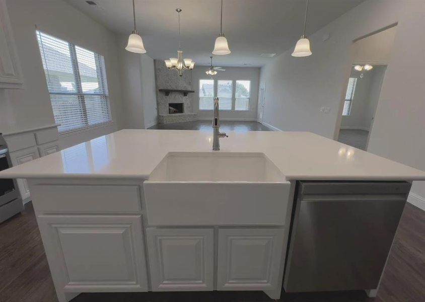 Kitchen with a fireplace, a kitchen island with farm house sink,  and dishwasher