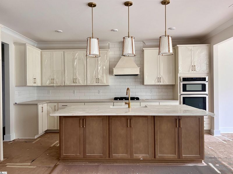 Gourmet kitchen with separate gas cooktop, hood, built in oven and microwave. Large island with double sided storage.