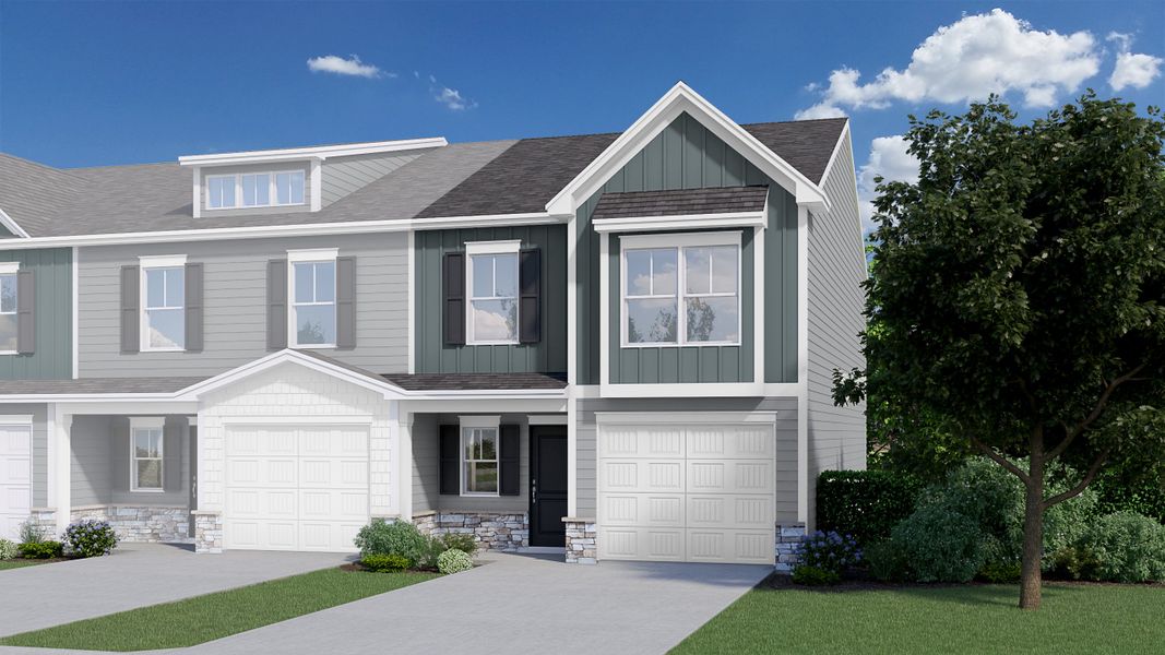 Front exterior of a new home in Meece, Easley, SC, highlighting curb appeal (Image 1).