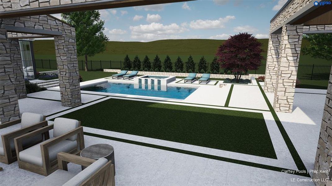 Expansive outdoor living area featuring a rectangular pool with water features, surrounding white concrete patio, and integrated artificial turf sections Expansive outdoor living area featuring a rectangular pool with water features, surrounding white concrete patio, and integrated artificial turf sections