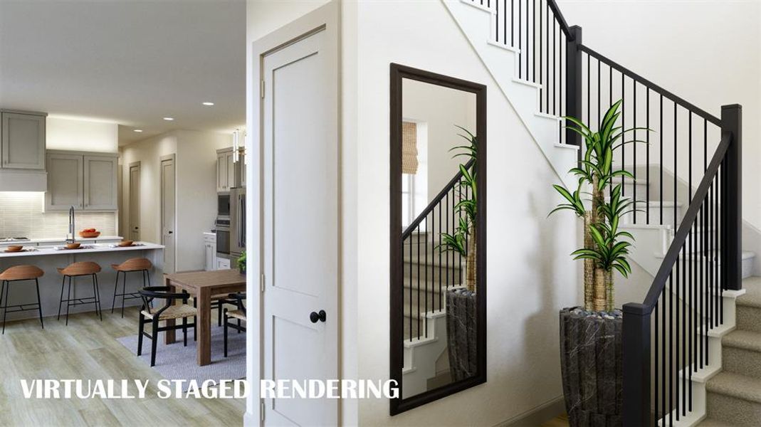 This stunning, wrap around stair case greets family and friends as they enter your new dream home! VIRTUALLY STAGED RENDERING This stunning, wrap around stair case greets family and friends as they enter your new dream home! VIRTUALLY STAGED RENDERING