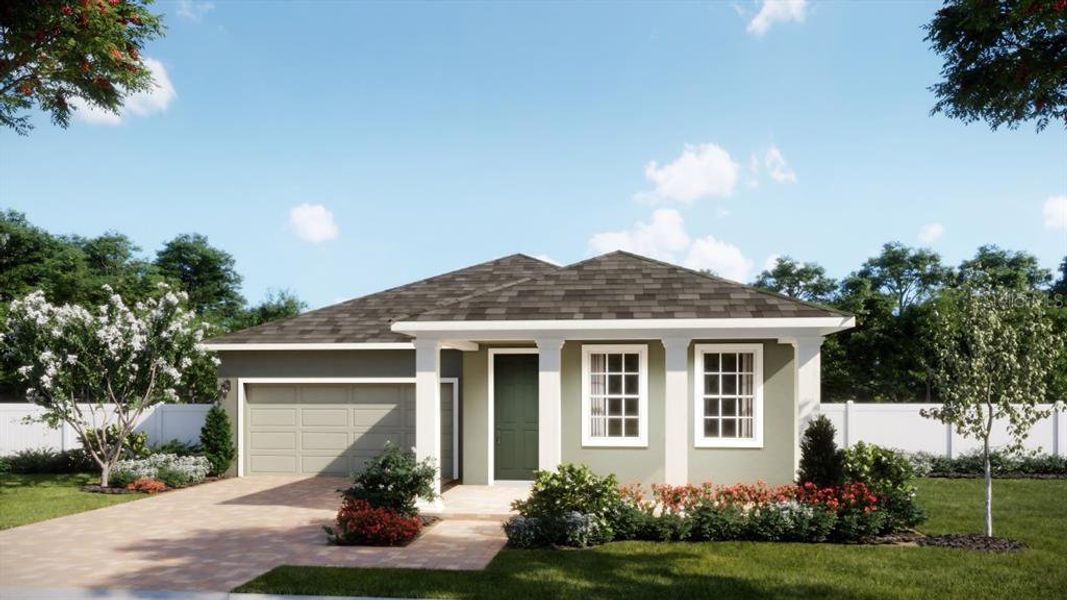 Front exterior of a new home in Oakview, Apopka, FL, highlighting curb appeal (Image 1).