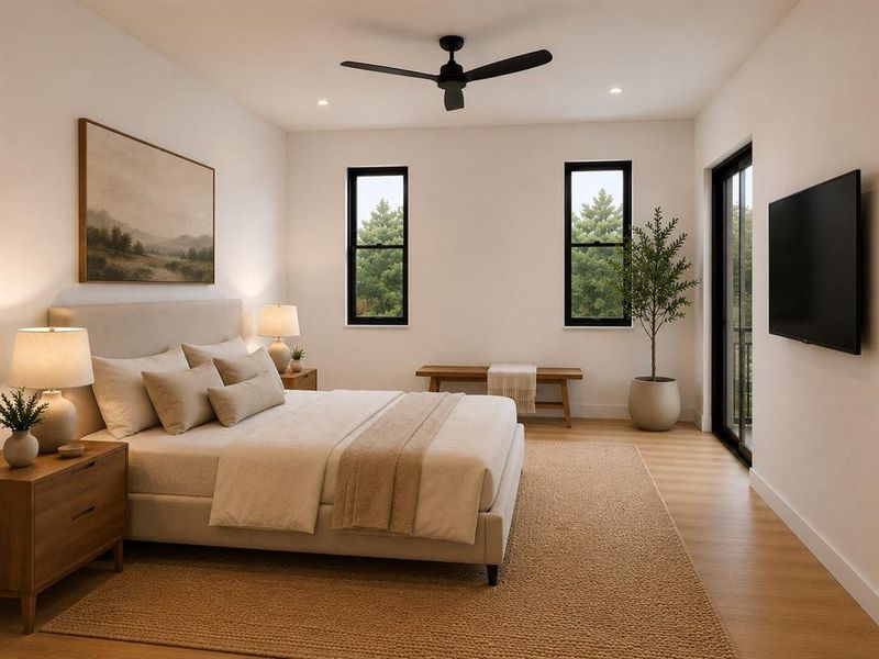 Bright bedroom featuring light wood-finish flooring, a contemporary ceiling fan, recessed lighting, and a large sliding glass door with a Juliet balcony