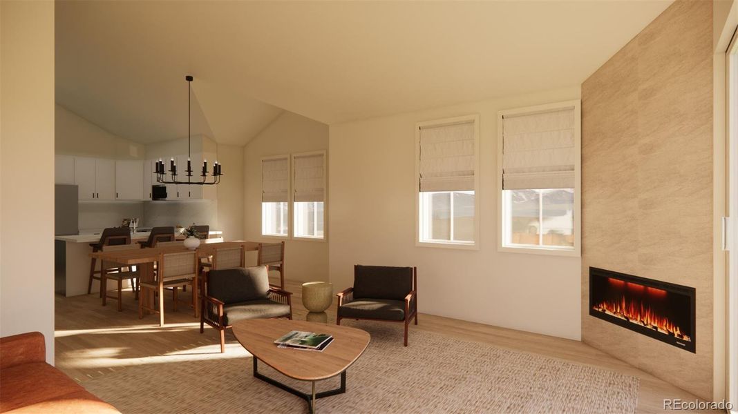 Open-concept living on the main level connects living room to dining room to kitchen. *This is a 3D rendering.