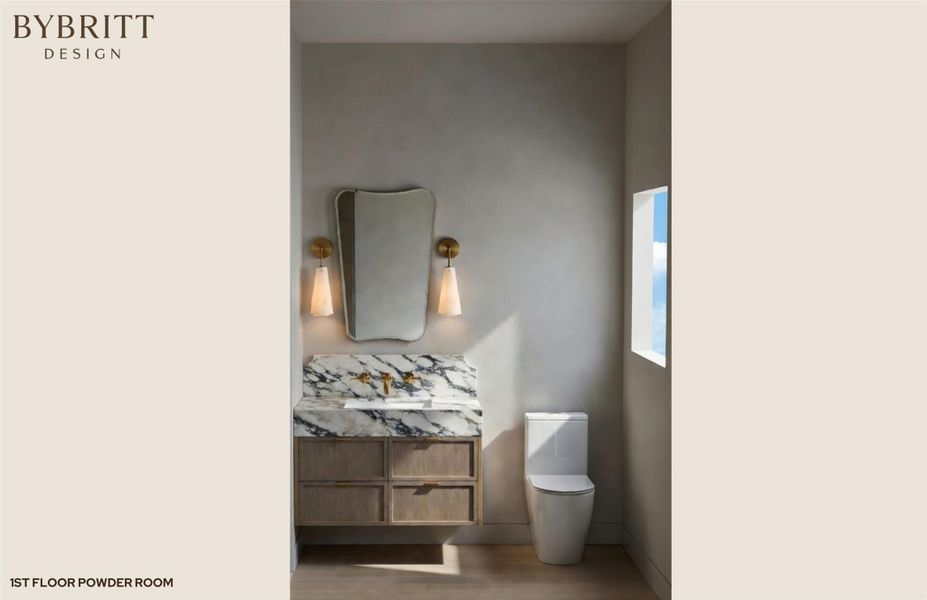 Powder room featuring a wood vanity with four drawers, a stone countertop, a wall-mounted faucet, and an illuminated mirror