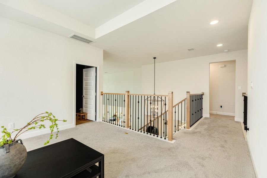 Upstairs features an open, versatile space ideal for a game room, secondary family room, or play area, complemented by a dedicated media room located just to the left. Upstairs features an open, versatile space ideal for a game room, secondary family room, or play area, complemented by a dedicated media room located just to the left.