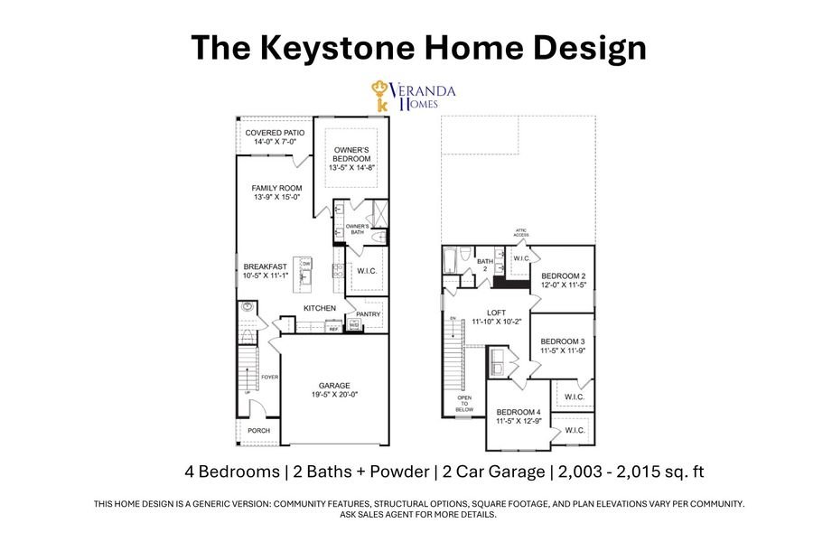 2D floor plan layout for the Keystone by Veranda Homes in Hitchcock Preserve, Aiken, SC (Image 3).