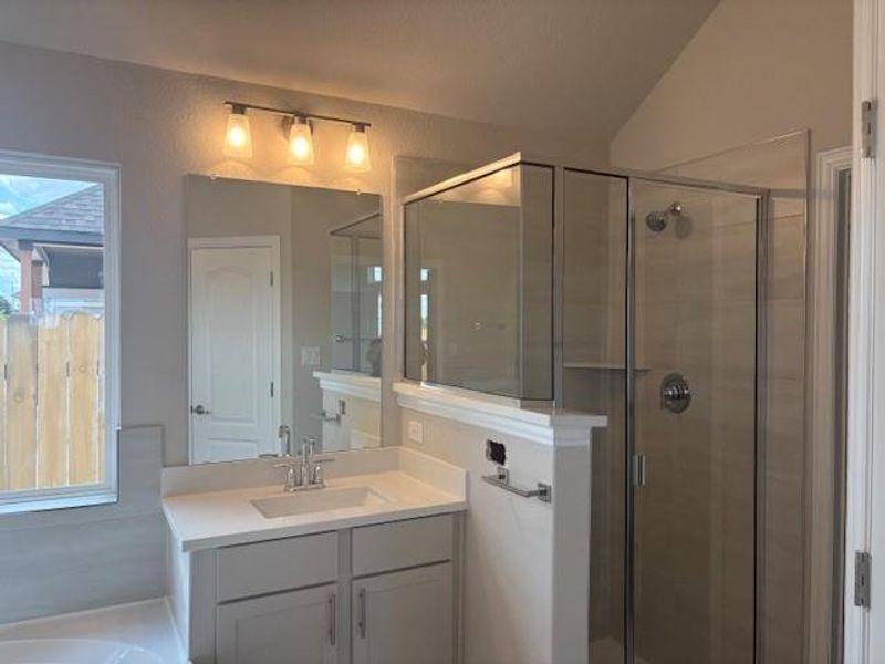 Full bath with a stall shower, vanity, a garden tub, and vaulted ceiling Full bath with a stall shower, vanity, a garden tub, and vaulted ceiling
