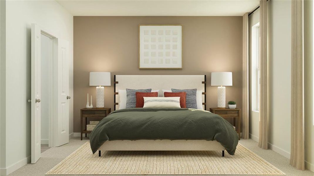 Carpeted bedroom with baseboards