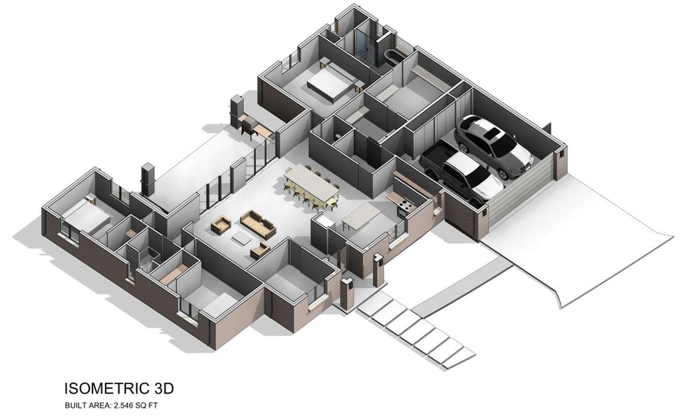 3D floor plan featuring 3 bedrooms, private office, 2.5 baths, and an open-concept living design