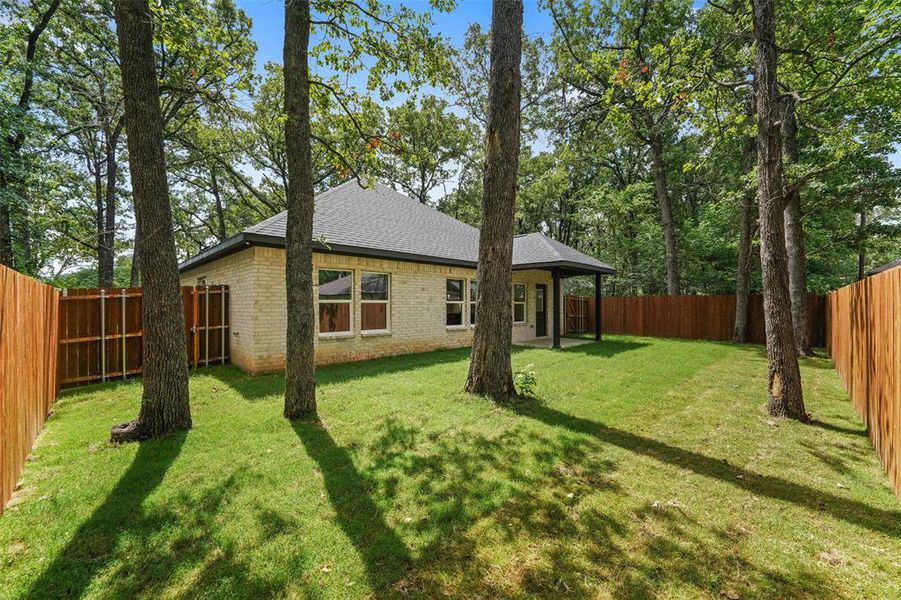 Expansive green lawn framed by mature trees and a privacy fence Expansive green lawn framed by mature trees and a privacy fence