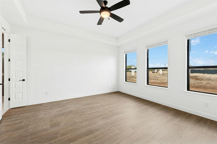 Unfurnished room with light wood-style floors, a tray ceiling, and a ceiling fan
