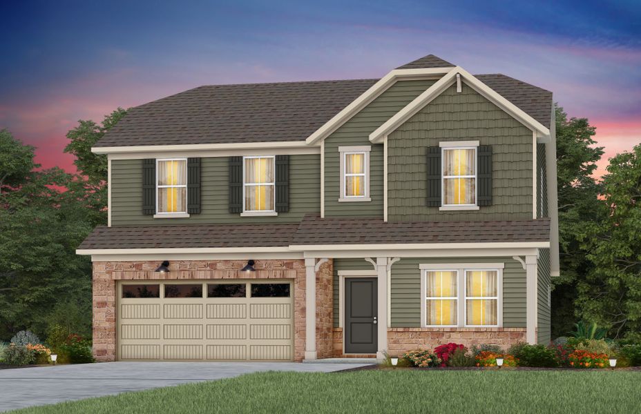 Front exterior of a new home in Michaux Gardens, Belmont, NC, highlighting curb appeal (Image 1). Front exterior of a new home in Michaux Gardens, Belmont, NC, highlighting curb appeal (Image 1).