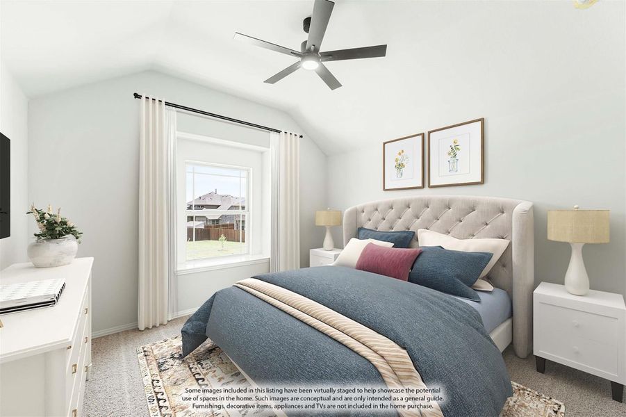 Bedroom with vaulted ceiling, ceiling fan, upholstered headboard, and carpet flooring Bedroom with vaulted ceiling, ceiling fan, upholstered headboard, and carpet flooring
