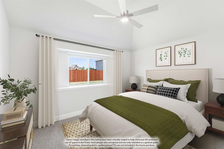 Bedroom with vaulted ceiling, ceiling fan, carpet flooring, and large window with white curtains