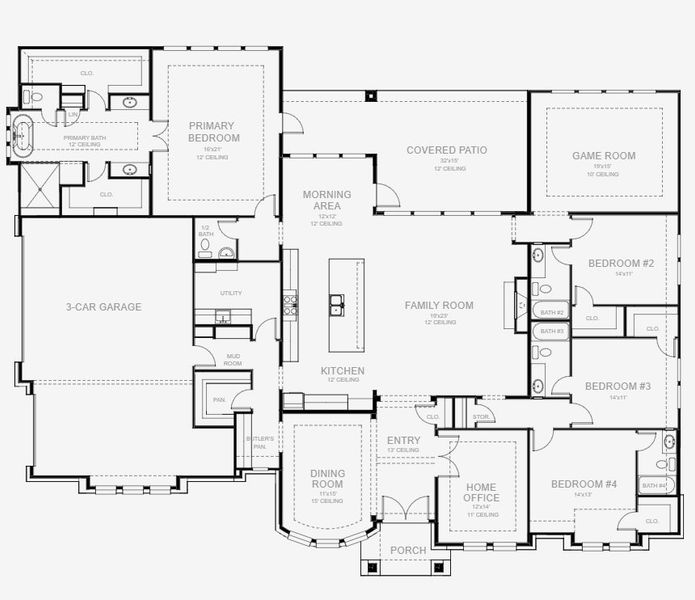 2D floor plan layout for the 3716A by Perry Homes in Thornebrook 1 Acre, Bulverde, TX (Image 3).