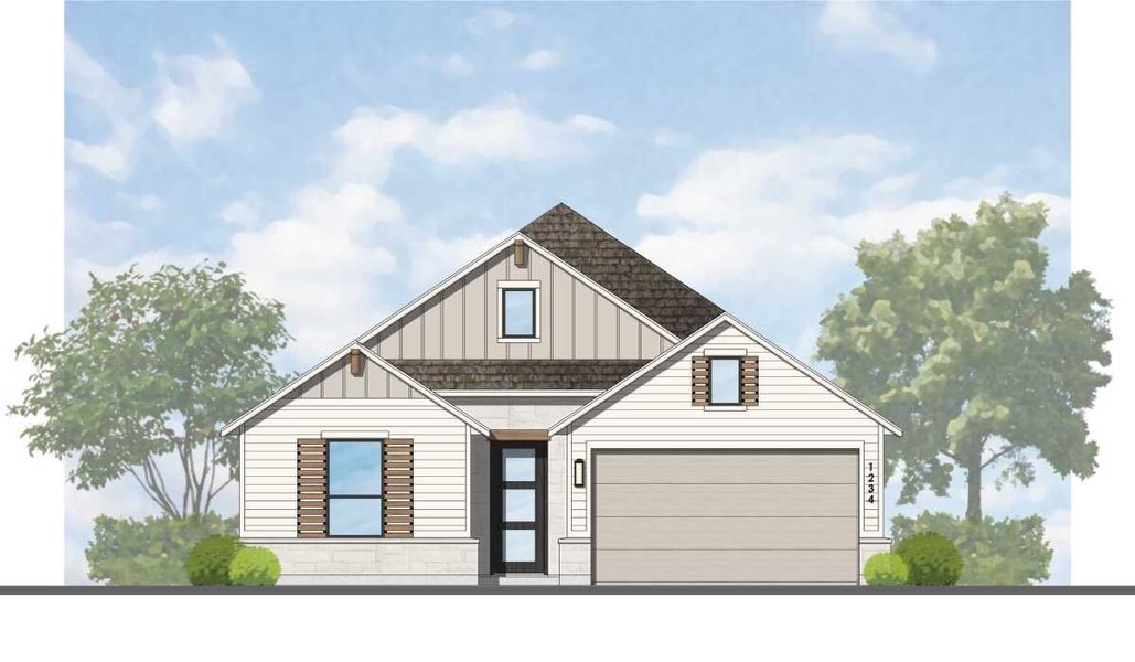 Representative exterior photo of a completed home built from the Matisse-SS Plan by Highland Homes in The Crossvine, Schertz, TX (Image 2). Representative exterior photo of a completed home built from the Matisse-SS Plan by Highland Homes in The Crossvine, Schertz, TX (Image 2).