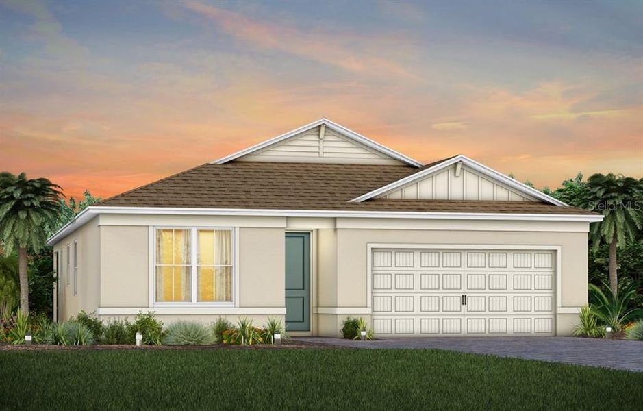 Front exterior of a new home in EverBe, Orlando, FL, highlighting curb appeal (Image 1). Front exterior of a new home in EverBe, Orlando, FL, highlighting curb appeal (Image 1).