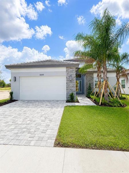 Front exterior of a new home in Valencia Ridge (55+), Wesley Chapel, FL, highlighting curb appeal (Image 2). Front exterior of a new home in Valencia Ridge (55+), Wesley Chapel, FL, highlighting curb appeal (Image 2).