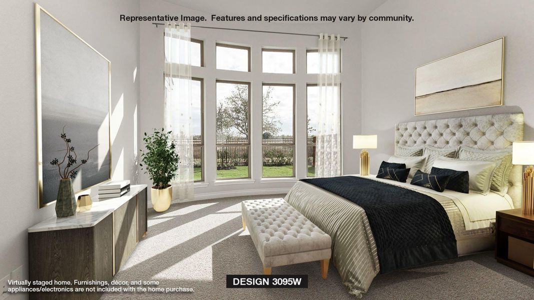 Bedroom with carpet floors, a high ceiling, and multiple windows Bedroom with carpet floors, a high ceiling, and multiple windows