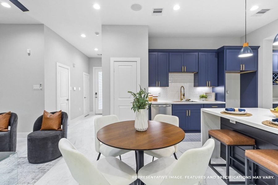 Dinner feels relaxed around your round table, the soft lighting above setting the mood whether it’s a quick weekday meal or a long weekend gathering.