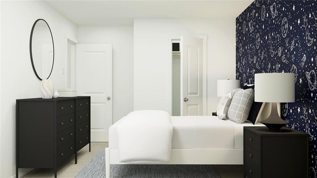 Bedroom with wallpapered walls and an accent wall Bedroom with wallpapered walls and an accent wall