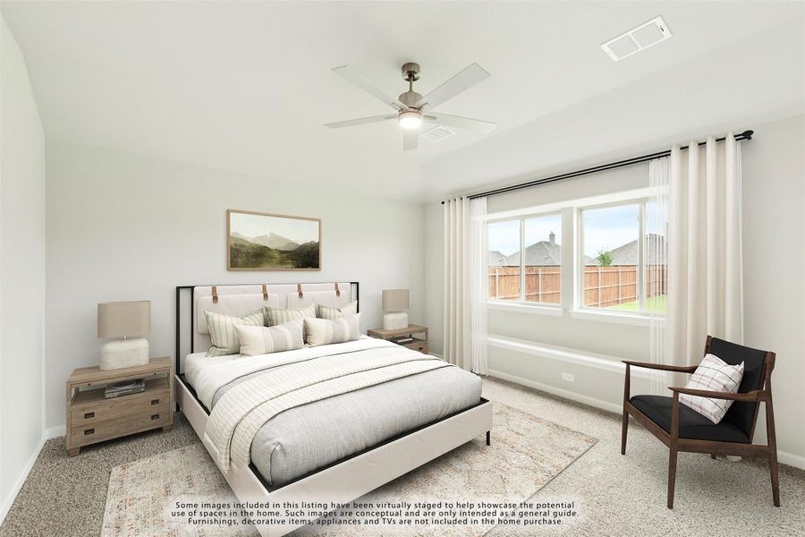 Bedroom with queen bed, ceiling fan, carpet flooring, and large window with white curtains