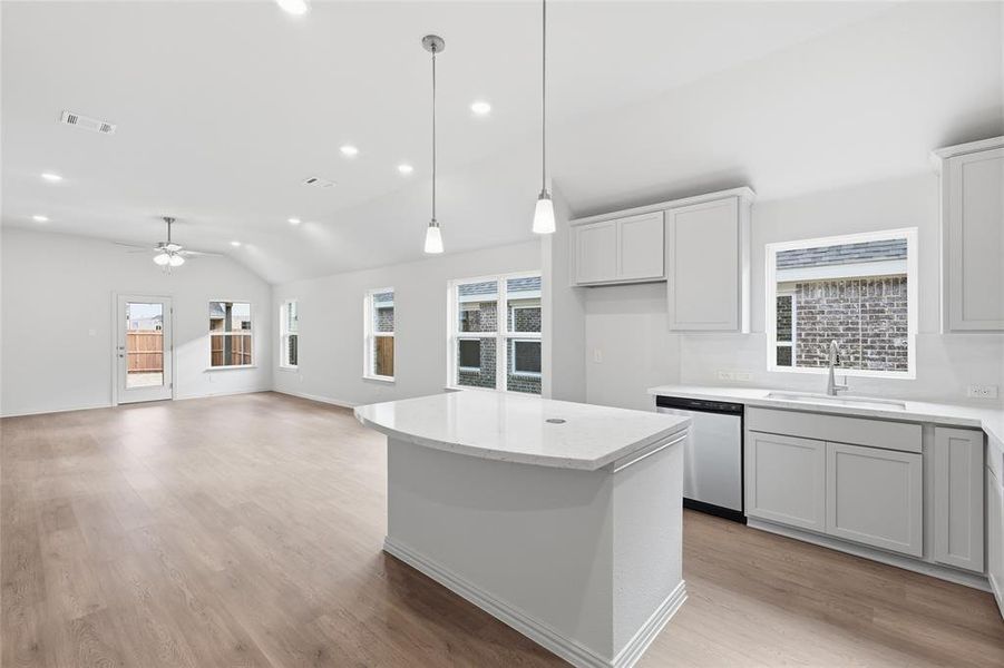 Kitchen featuring vaulted ceiling, light wood-type flooring, healthy amount of natural light, dishwasher, and open floor plan