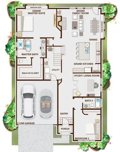 2D floor plan layout for the Charleston II by Grand Homes in Grand Oaks, Celina, TX (Image 3).
