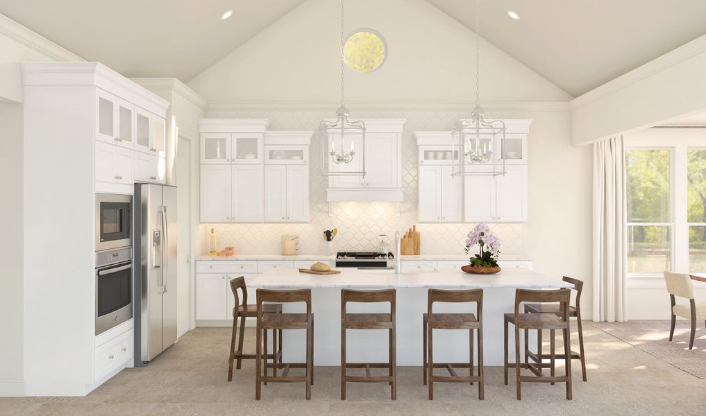 Kitchen with glass upper cabinets and sloped ceiling