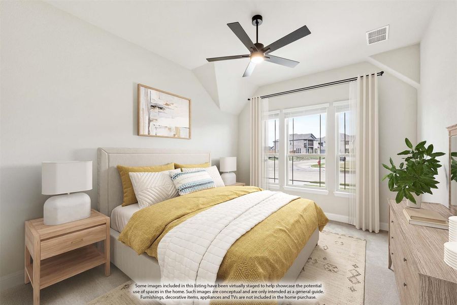 Bedroom with vaulted ceiling, ceiling fan, large windows, and yellow bedding on a queen bed