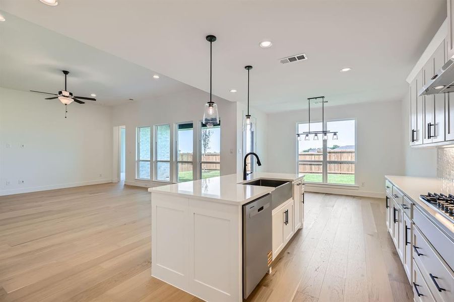 Kitchen featuring appliances with stainless steel finishes, light wood-style flooring, a sink, a ceiling fan, and recessed lighting Kitchen featuring appliances with stainless steel finishes, light wood-style flooring, a sink, a ceiling fan, and recessed lighting