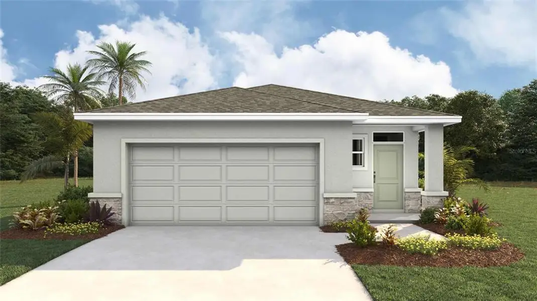Front exterior of a new home in Deerbrook, Land O' Lakes, FL, highlighting curb appeal (Image 1). Front exterior of a new home in Deerbrook, Land O' Lakes, FL, highlighting curb appeal (Image 1).