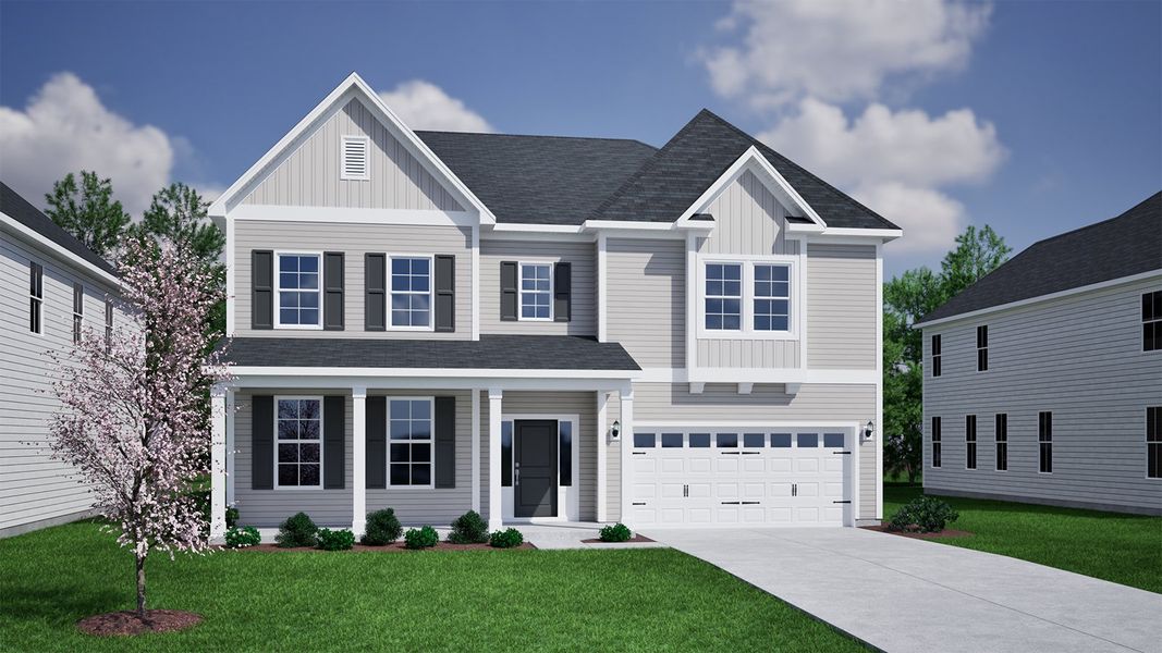 Front exterior of a new home in Gates at Windermere, Blythewood, SC, highlighting curb appeal (Image 1). Front exterior of a new home in Gates at Windermere, Blythewood, SC, highlighting curb appeal (Image 1).
