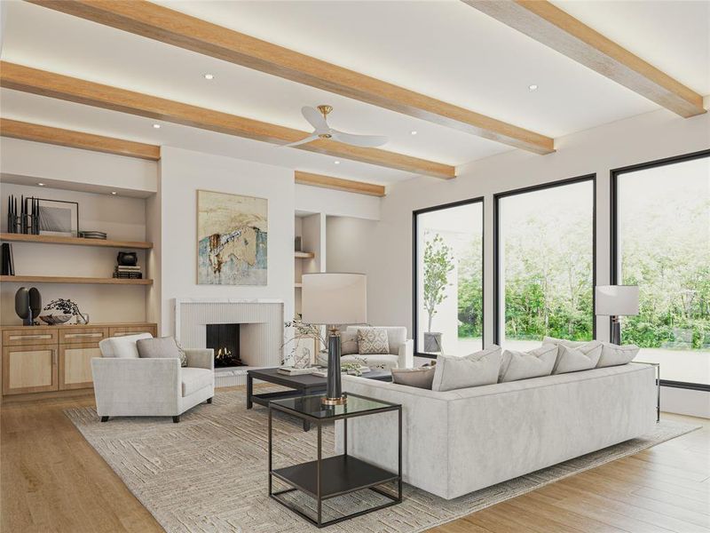 Spacious living area featuring exposed wood-finish ceiling beams, a contemporary fireplace with a stone surround, and integrated shelving with lower cabinetry