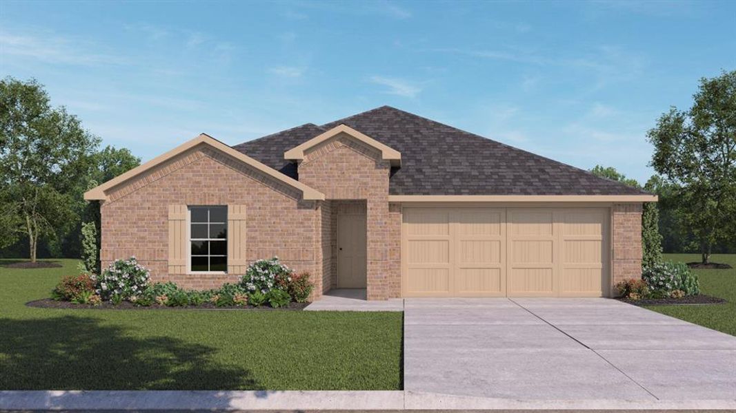 Front exterior of a new home in Woodcreek, Fate, TX, highlighting curb appeal (Image 1). Front exterior of a new home in Woodcreek, Fate, TX, highlighting curb appeal (Image 1).