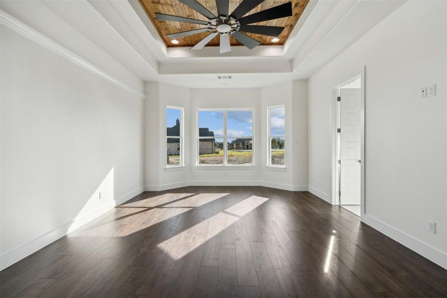 Unfurnished room featuring a tray ceiling, ceiling fan, and dark hardwood / wood-style floors