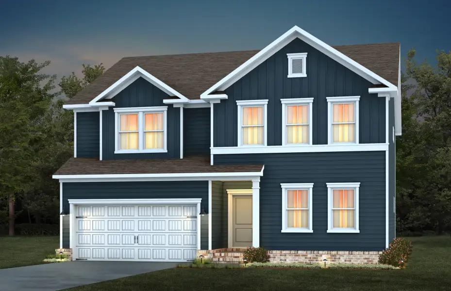 Front exterior of a new home in Exchange at 401, Raleigh, NC, highlighting curb appeal (Image 2). Front exterior of a new home in Exchange at 401, Raleigh, NC, highlighting curb appeal (Image 2).