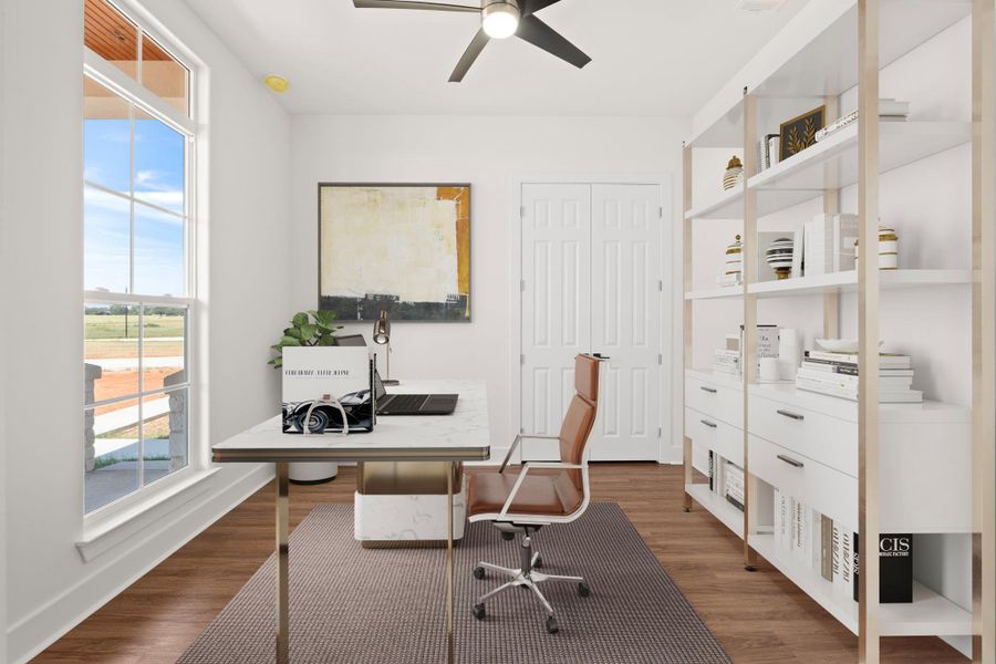 Office area featuring dark wood finished floors and ceiling fan Office area featuring dark wood finished floors and ceiling fan